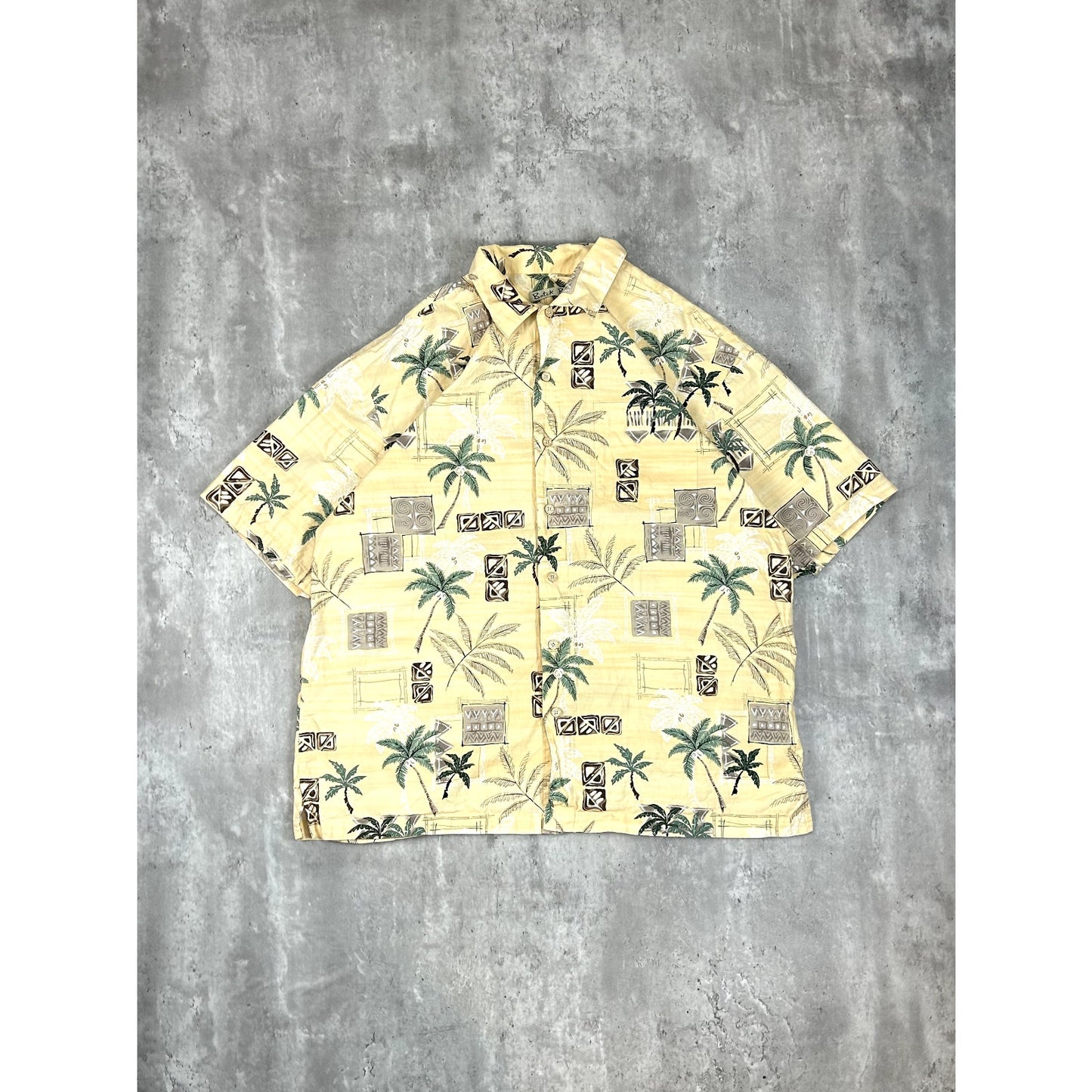Vintage Palm Tree Pattern Print Short Sleeve Button Up Shirt Size XL Yellow