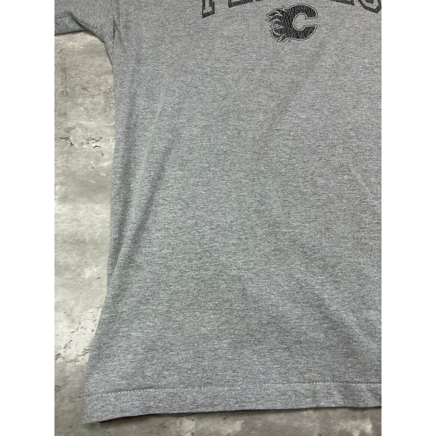 Vintage Calgary Flames NHL Spellout Logo Hockey T-Shirt Size Large Gray