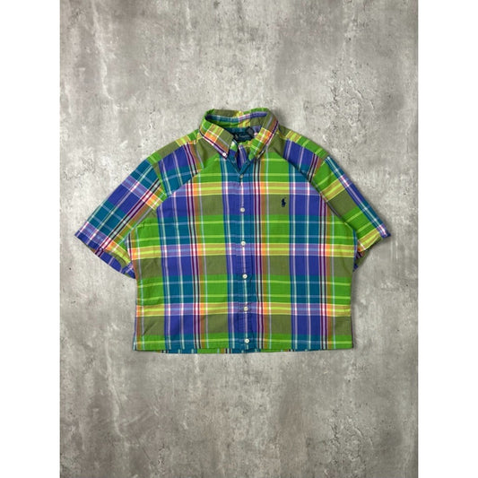 VTG Polo Ralph Lauren Plaid Short Sleeve Reworked Cropped Button Up Shirt Medium