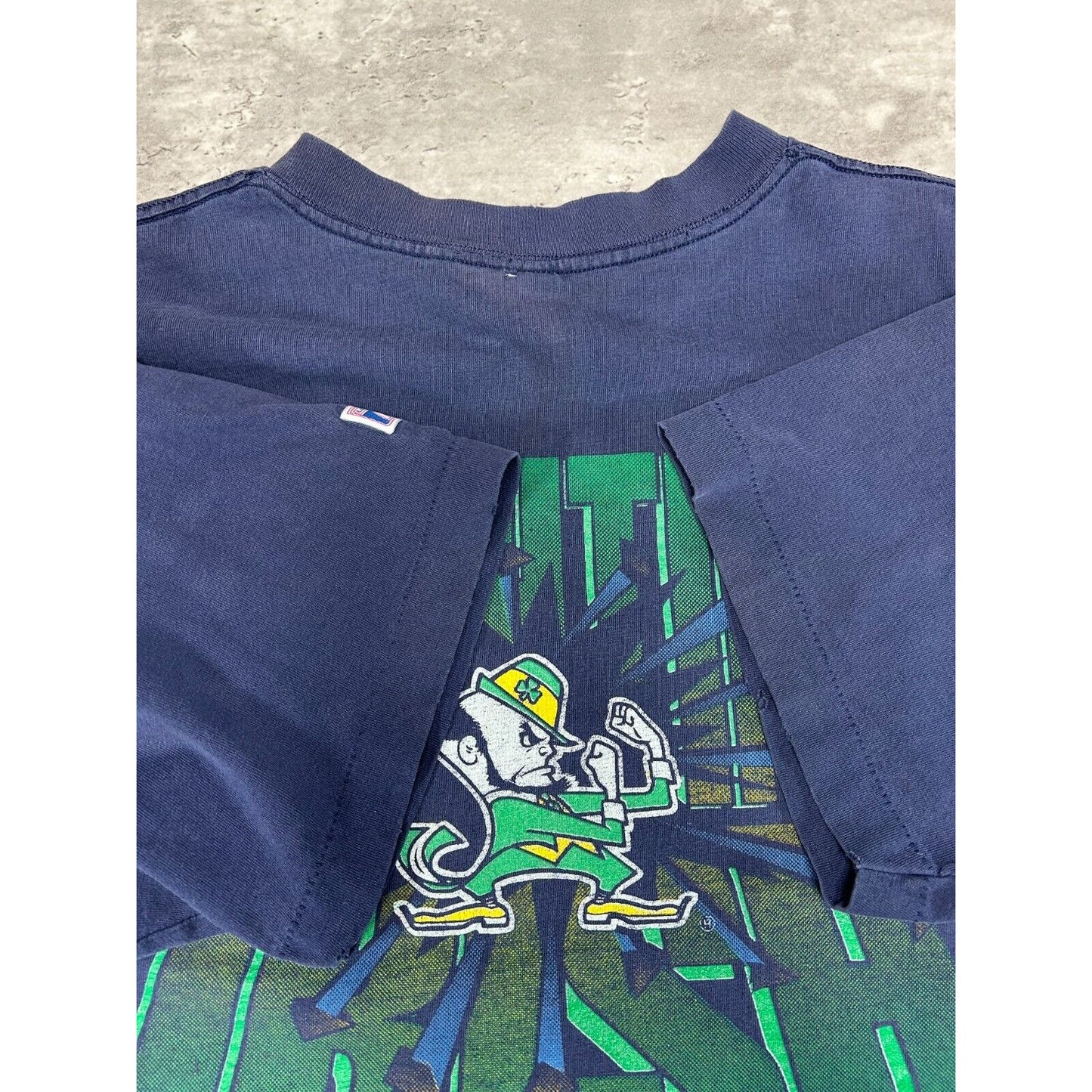 Vintage 90s Notre Dame Fighting Irish NCAA Spell Out T-Shirt Size XXL Blue