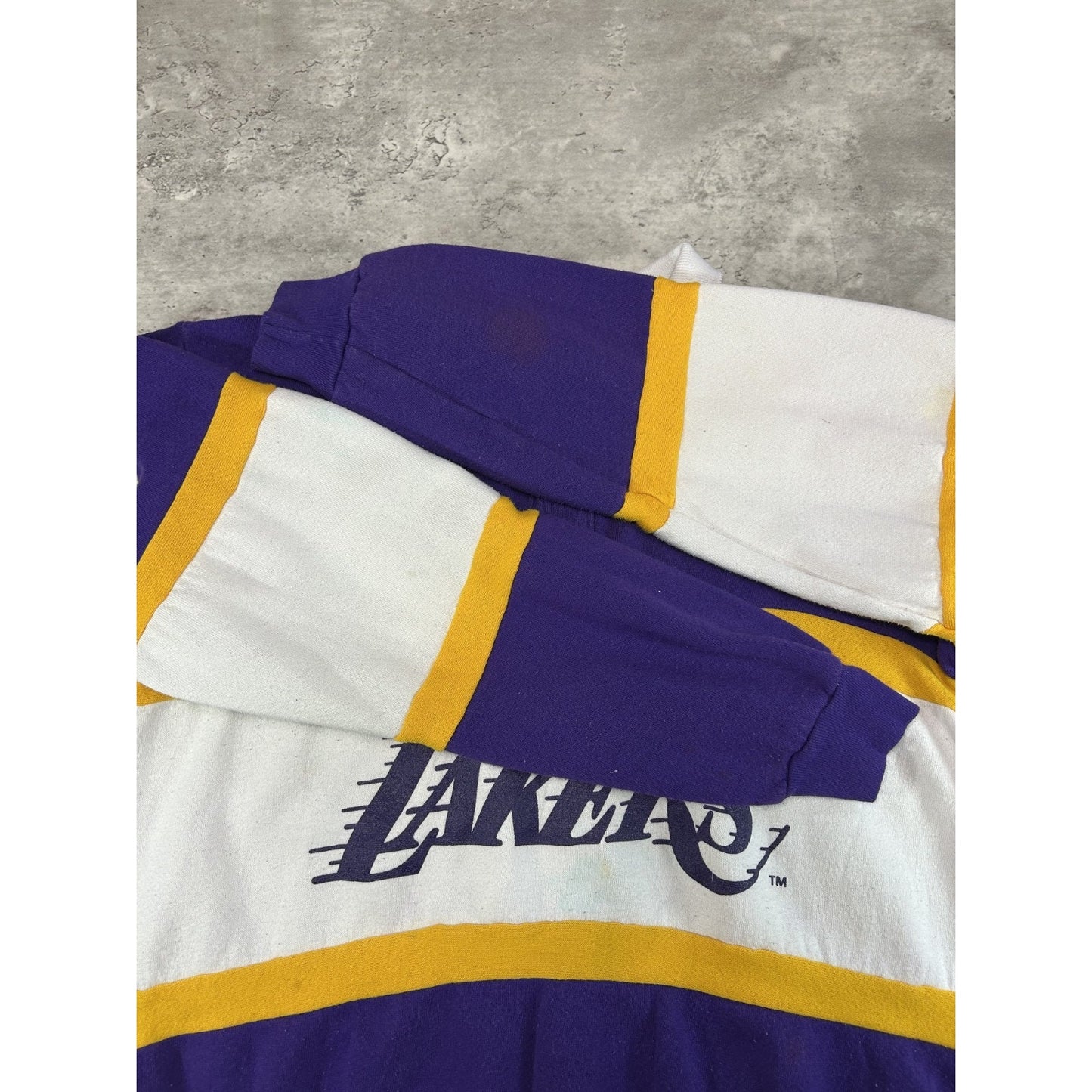 Vintage 80s Los Angeles Lakers NBA SPellout Graphic Collared Sweatshirt Sz Large