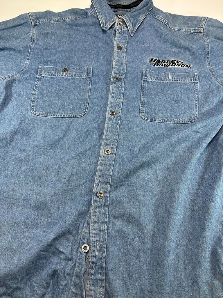 Harley Davidson Embroidered Denim Long Sleeve Button Up Shirt Size XLT Blue