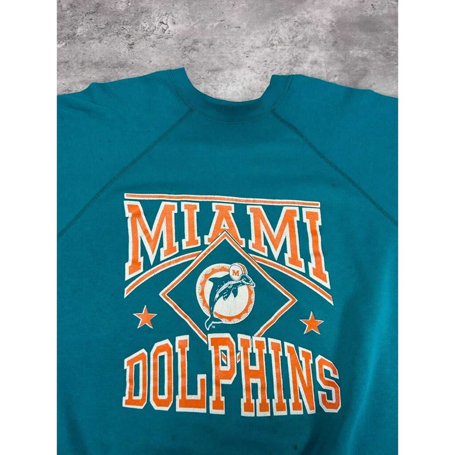 Vintage 90s Miami Dolphins NFL Big Graphic Spellout Sweatshirt Size XL Teal