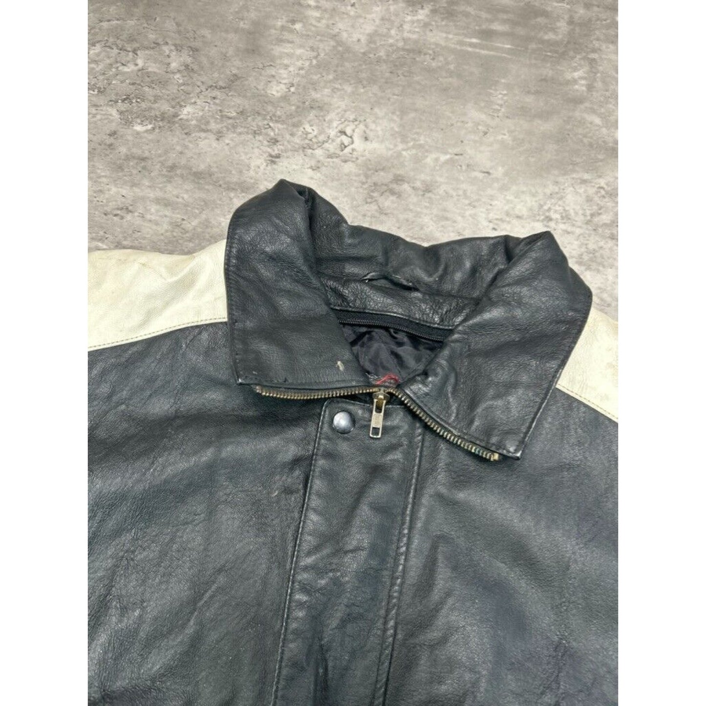 Vintage USA Embroidered Flag Spell Out Leather Bomber Jacket Size Large Black