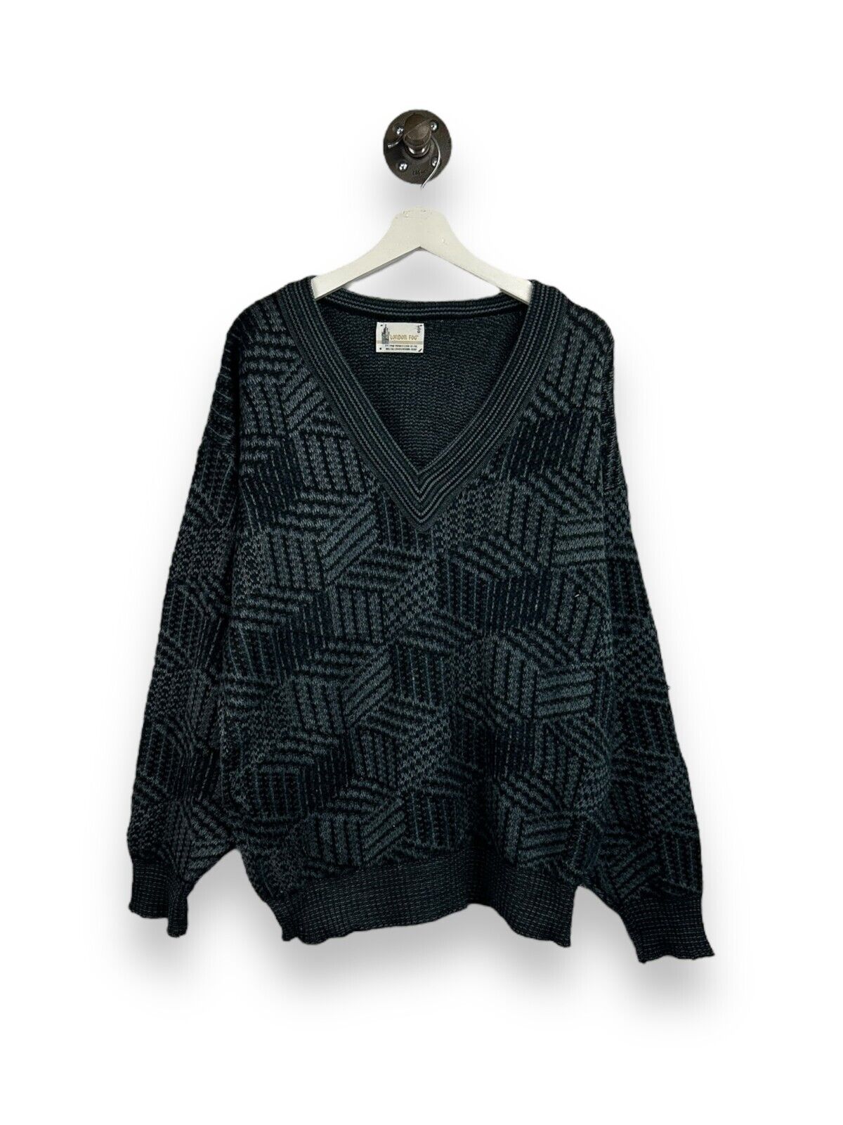 Vintage 80s/90s London Fog Abstract Print V-Neck Pullover Knit Sweater Size Large