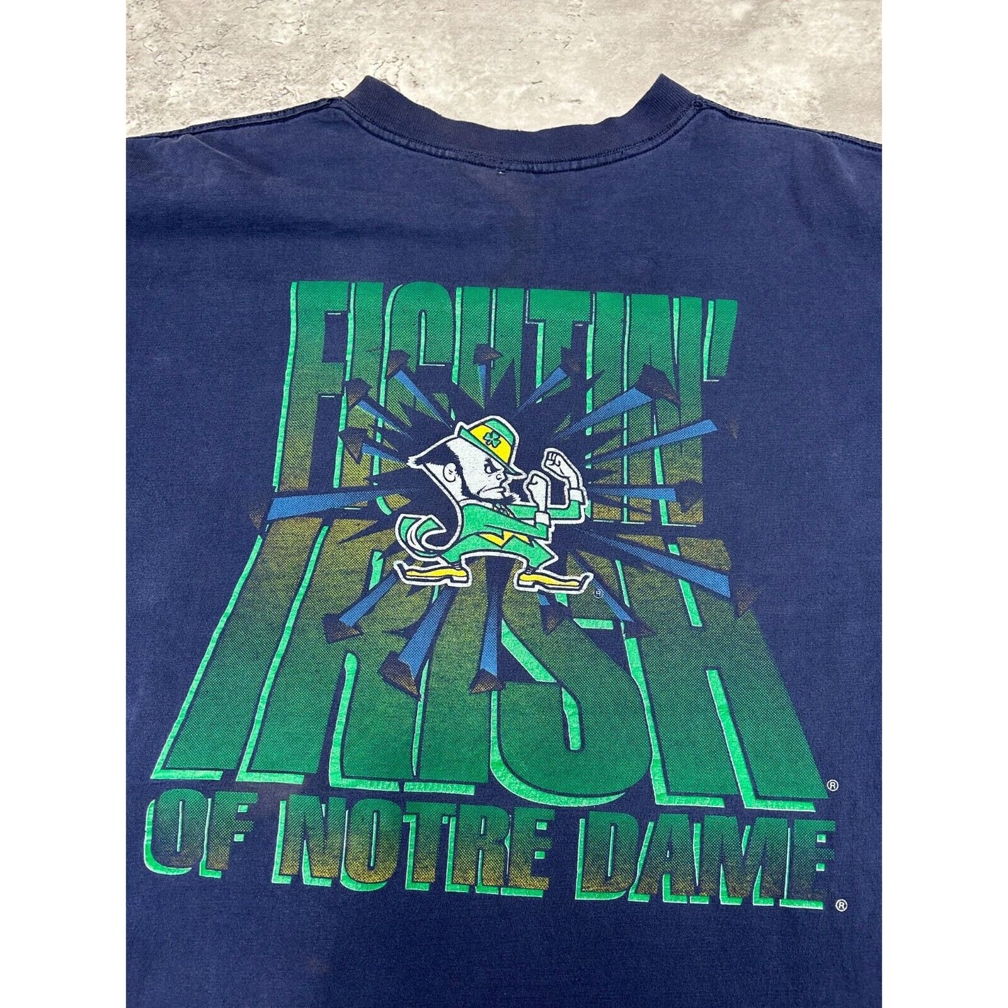 Vintage 90s Notre Dame Fighting Irish NCAA Spell Out T-Shirt Size XXL Blue