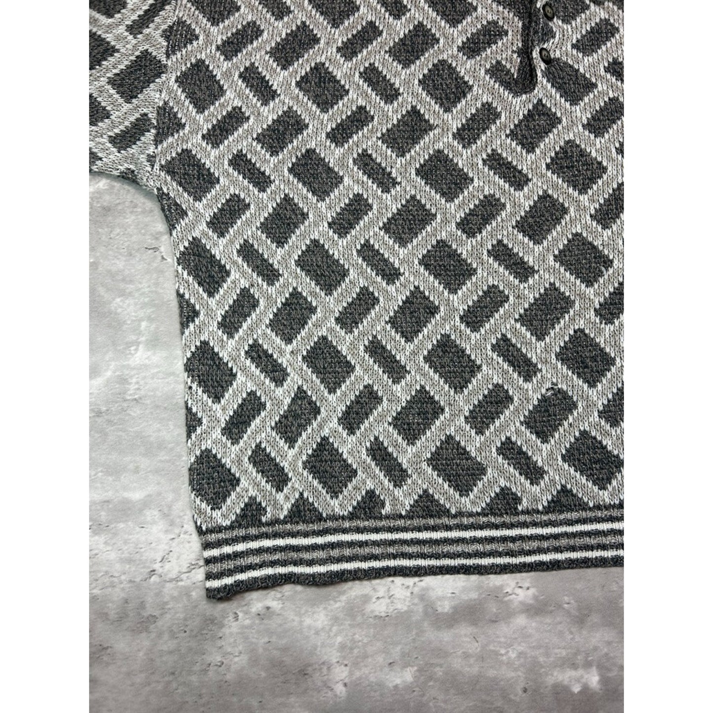 Vintage 90s Bugle Boys Abstract Print 1/4 Button Knit Sweater Size Large Gray