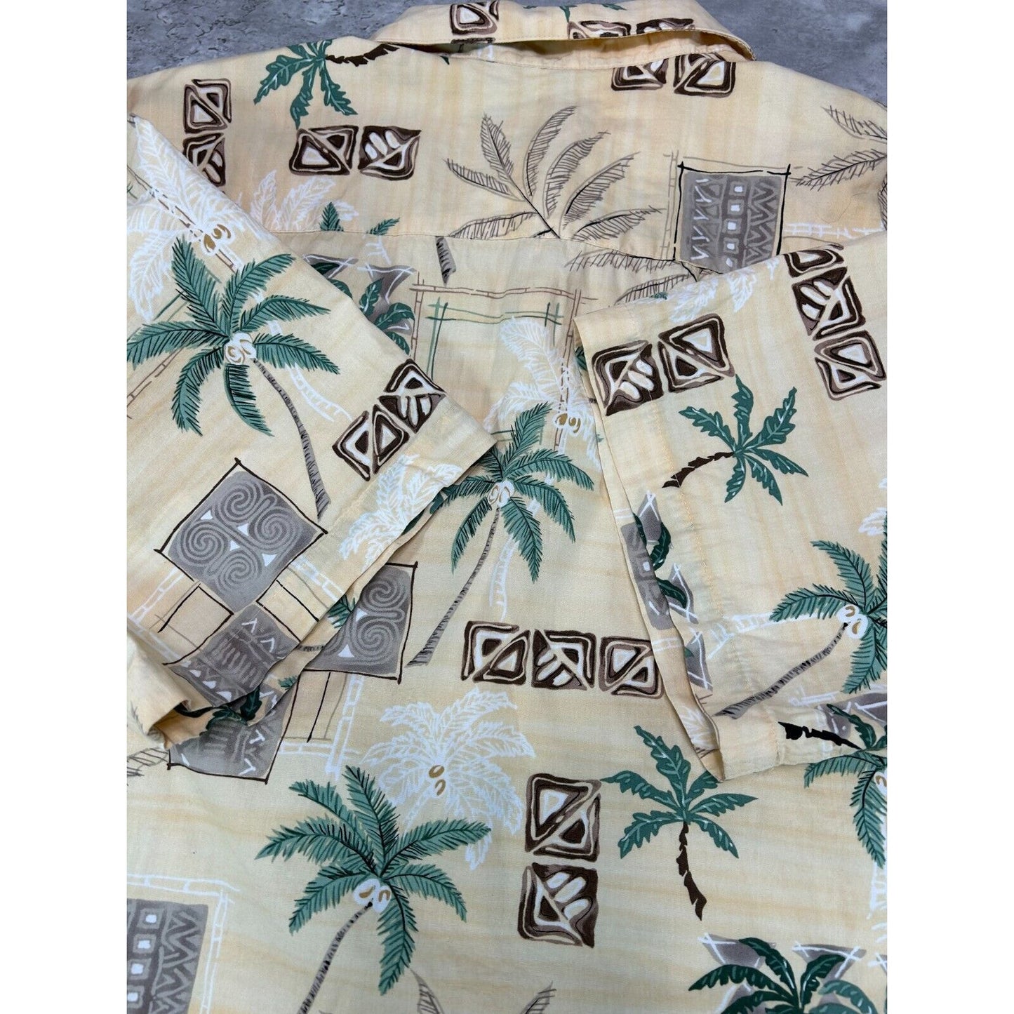 Vintage Palm Tree Pattern Print Short Sleeve Button Up Shirt Size XL Yellow