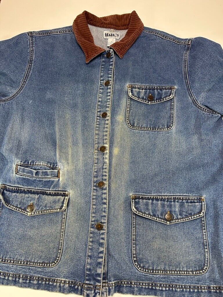 Vintage 90s Haik's Medium Wash Denim Button Up Long Chore Jacket Size XL Blue