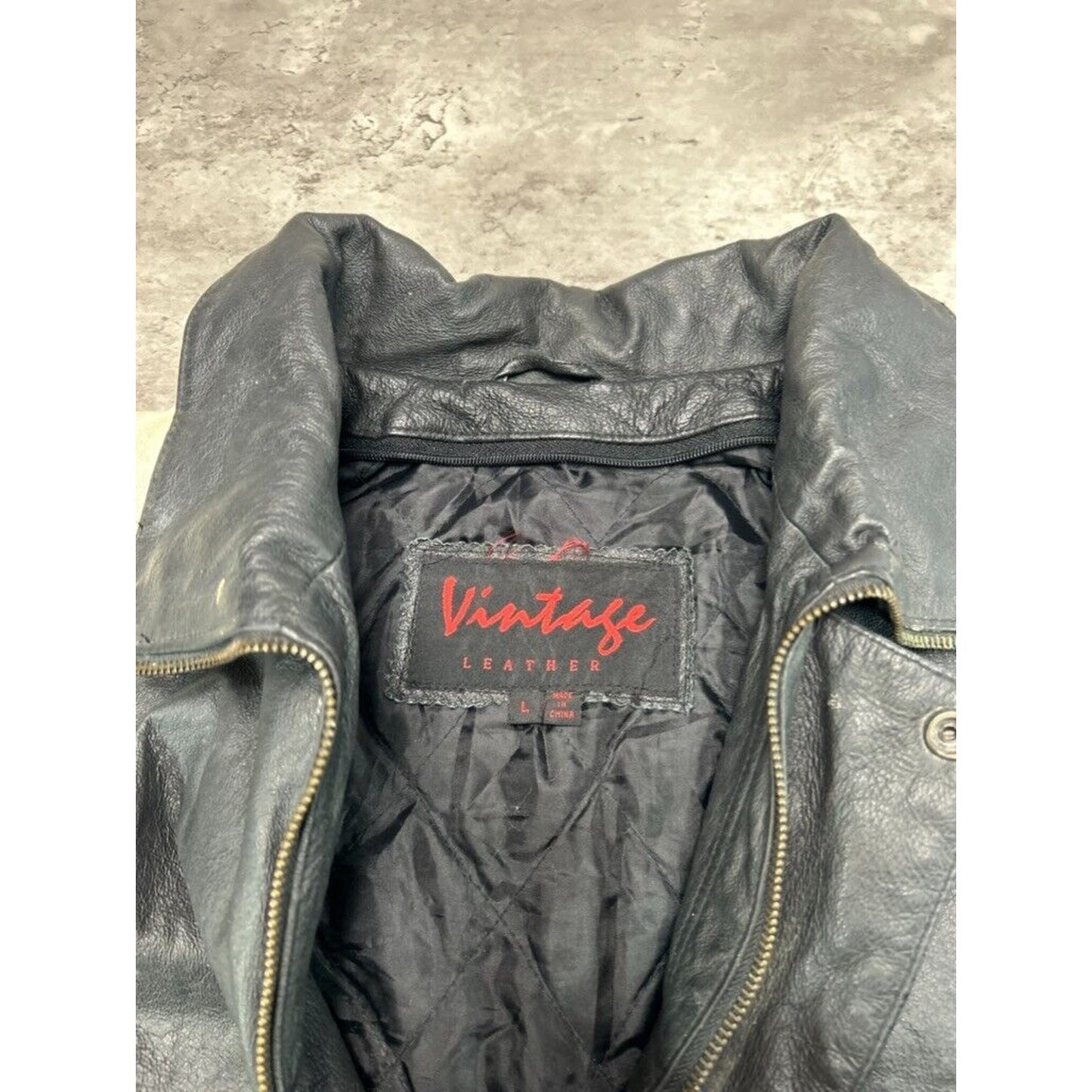 Vintage USA Embroidered Flag Spell Out Leather Bomber Jacket Size Large Black