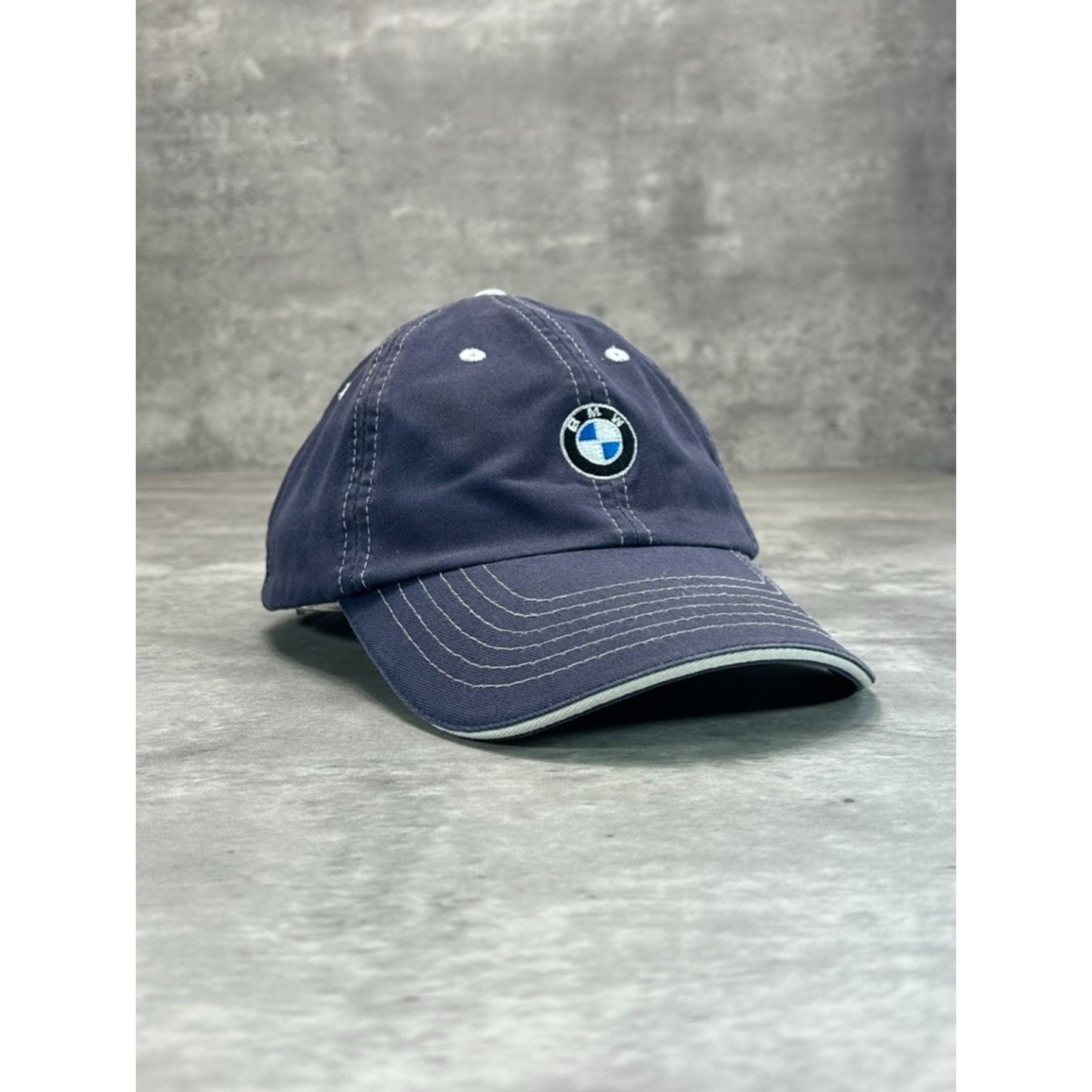 Vintage BMW Embroidered Logo Two Tone Strapback Hat OSFA Navy Blue/White