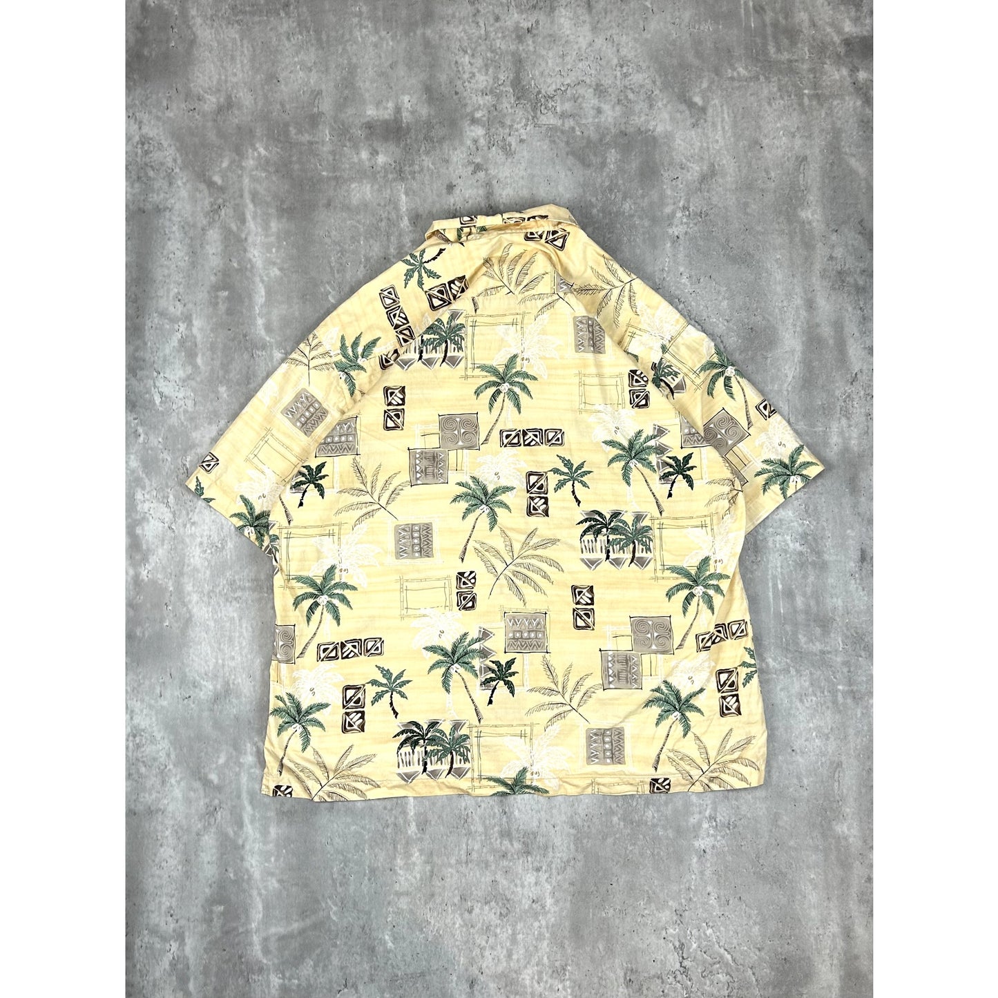 Vintage Palm Tree Pattern Print Short Sleeve Button Up Shirt Size XL Yellow