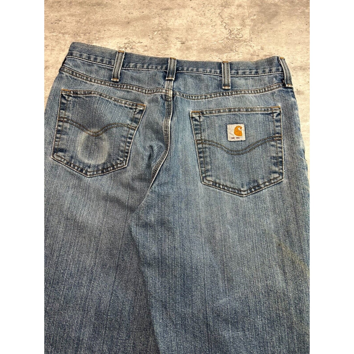 Carhartt Relaxed Fit Medium Wash Denim Distressed Workwear Pants Size 35