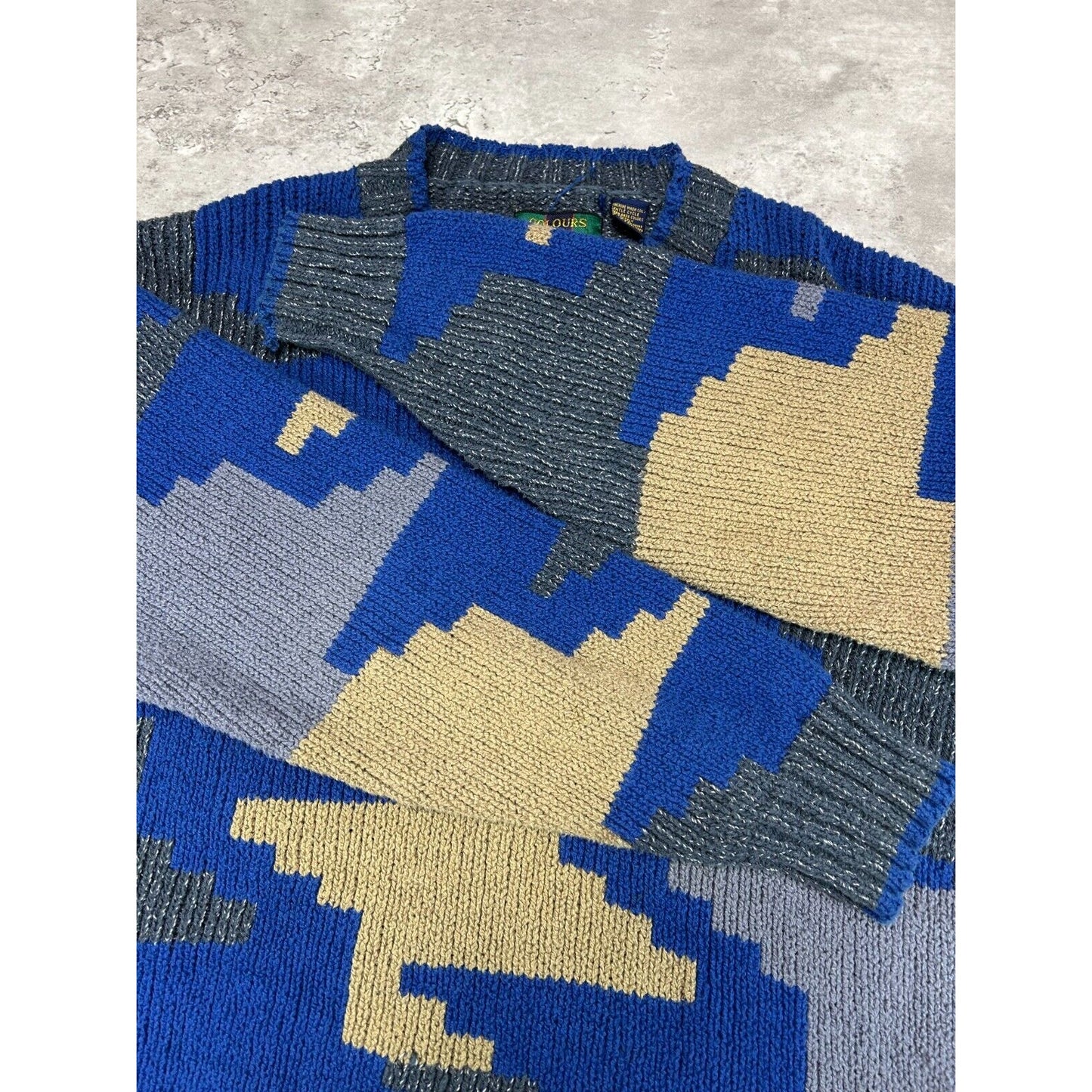 Vintage 90s Colours Geometric Print Pull Over Ribbed Knit Sweater Size Medium