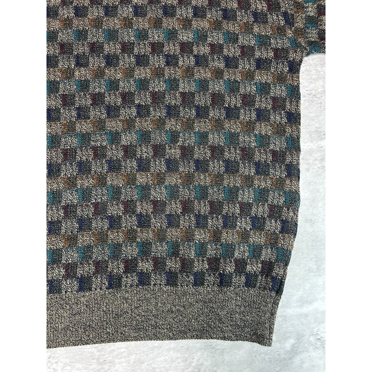 Vintage 90s Geoffrey Beene Checkered Print Earth Tone Knit Sweater Size Large
