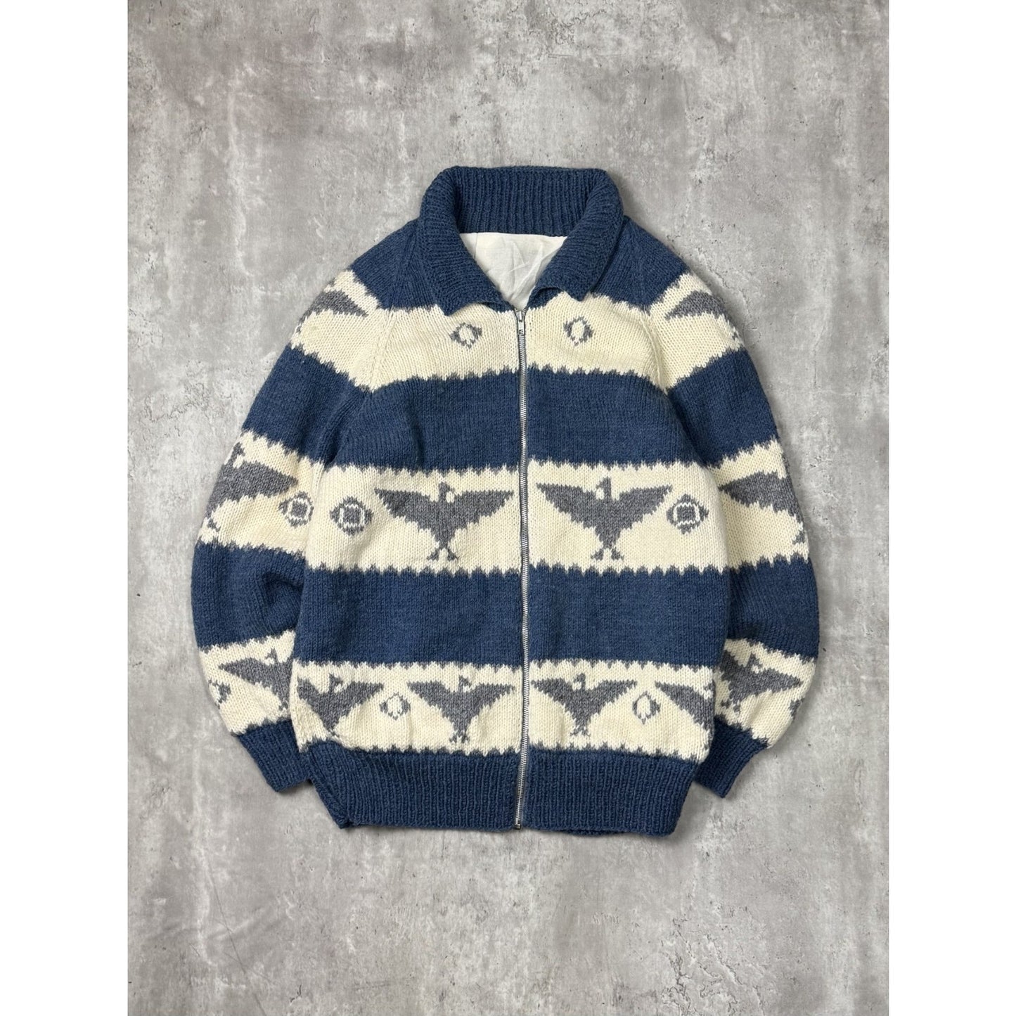 Vintage 80s Bird Print Striped Full Zip Collared Knit Sweater Size Large