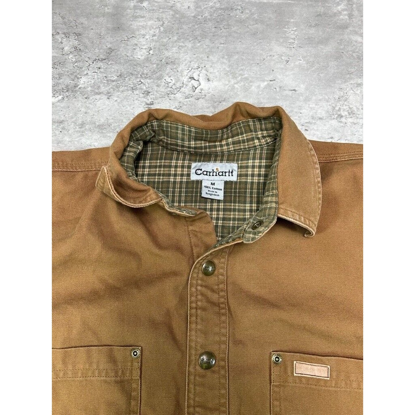 Vintage Carhartt Plaid Lined Canvas Workwear Button Up Shirt Size Medium Brown