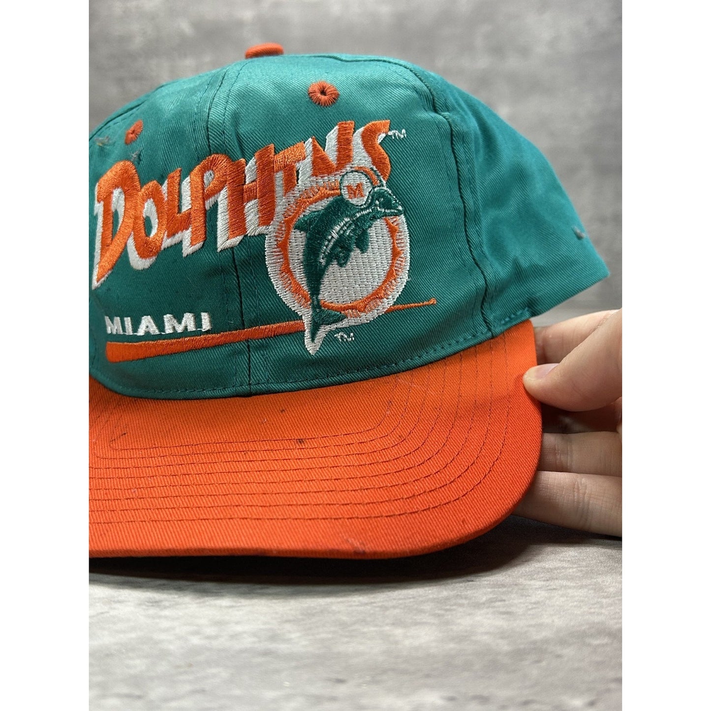 Vintage 90s Miami Dolphins NFL Embroidered Spellout Logo Snapback Hat OSFA