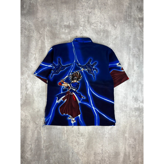 Vintage Y2K Anime Samurai All Over Print Short Sleeve Button Up Shirt Size Large