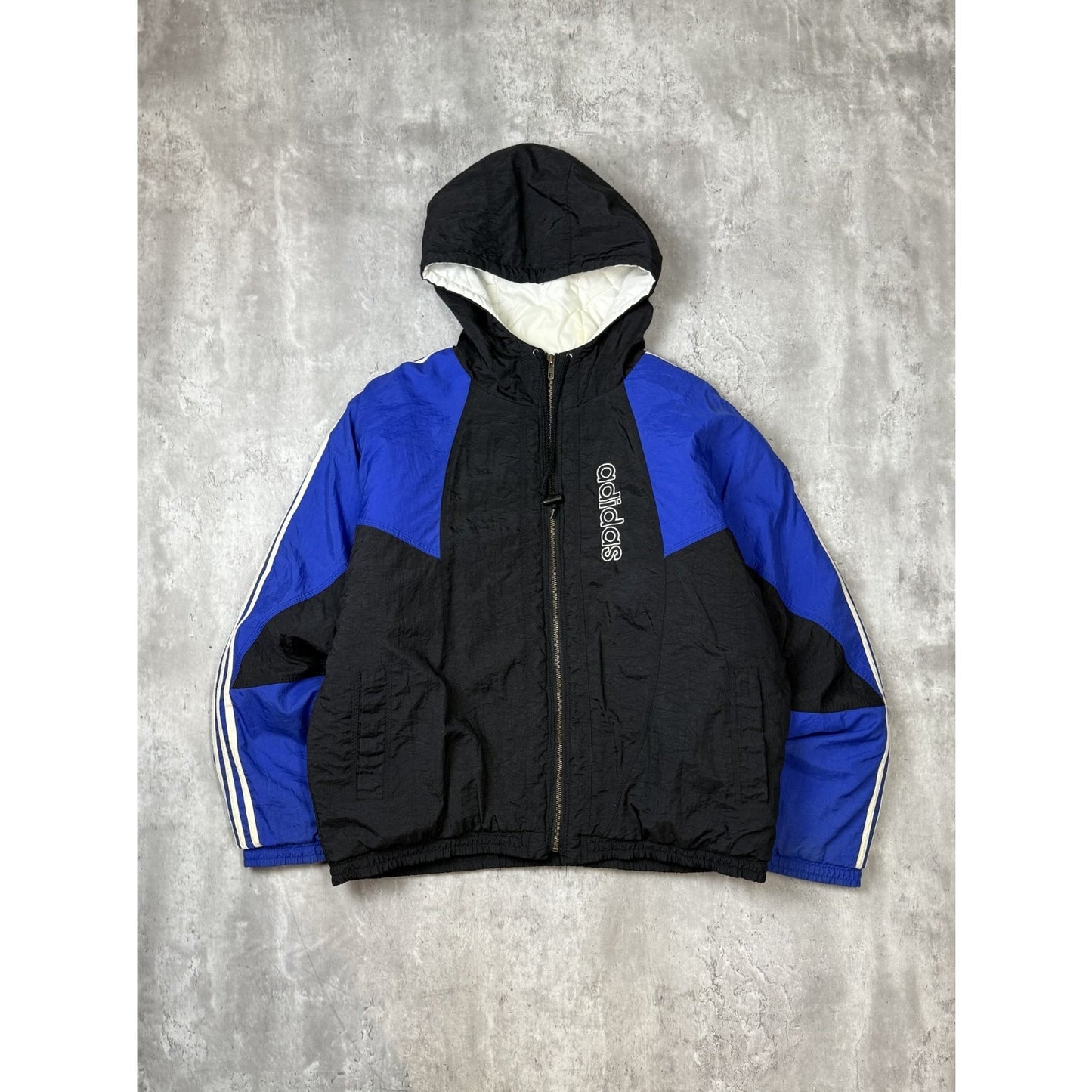 Vintage 90s Adidas Embroidered Spellout Insulated Nylon Hooded Jacket Size Large