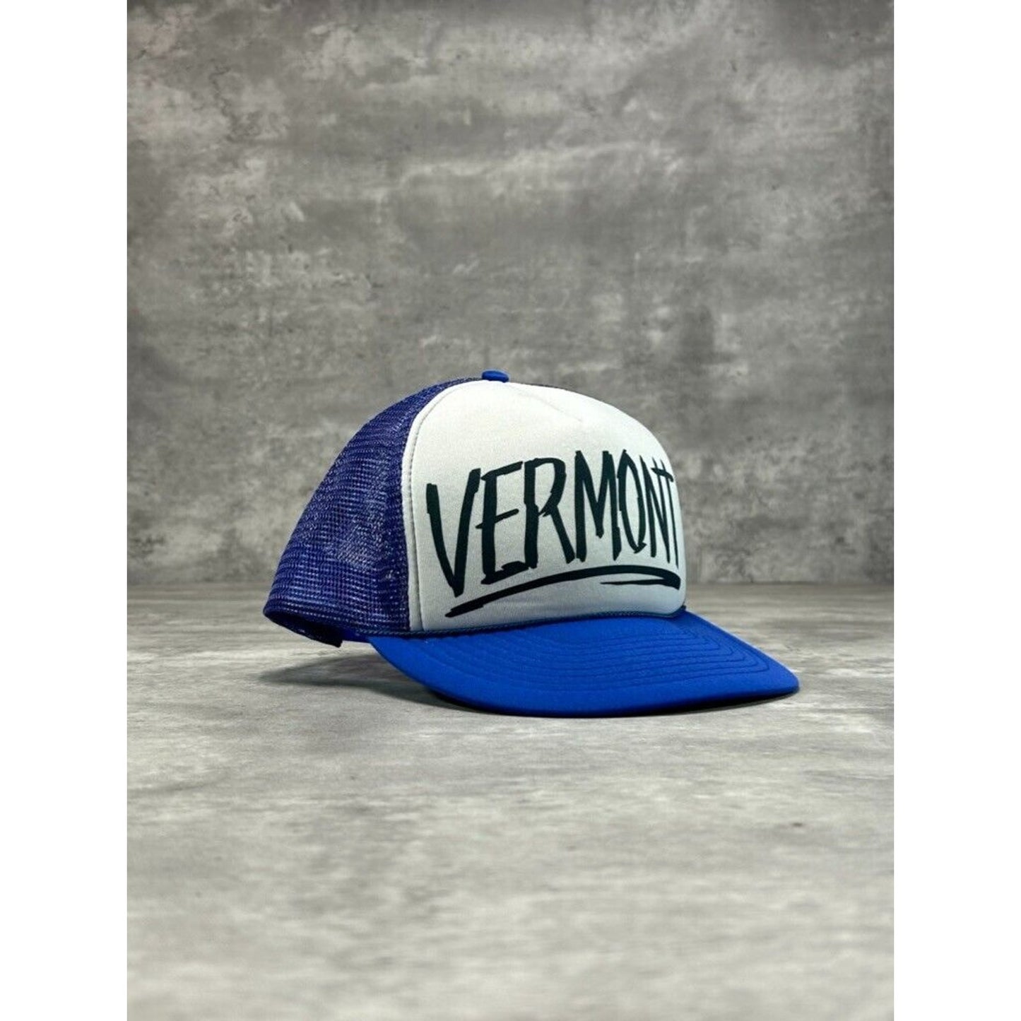 Vintage 80s Vermont Graphic Spell Out Destination Trucker Snapback Hat OSFA Blue