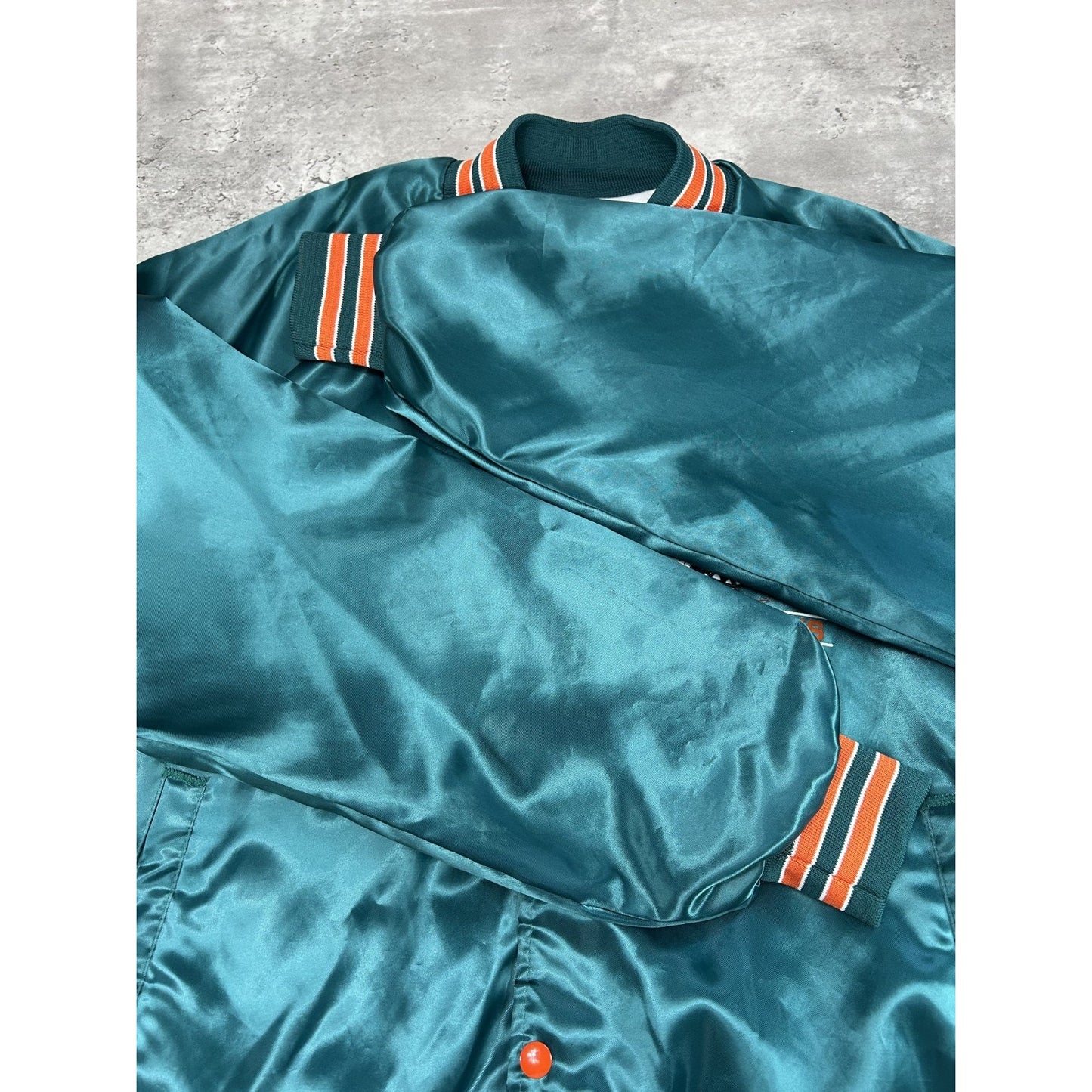 Vintage 80s Miami Dolphins NFL Satin Chalk Line Bomber Jacket Size XL