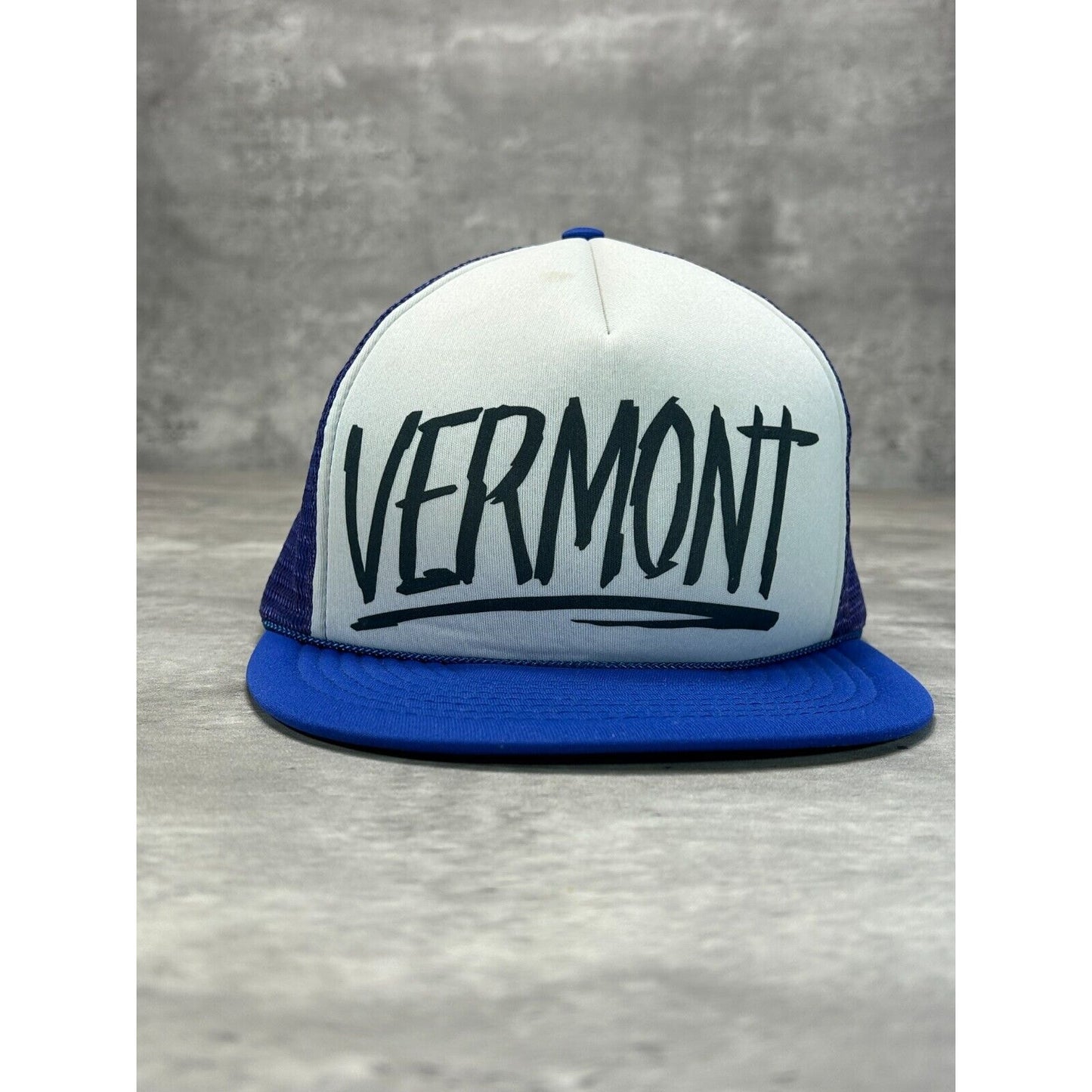 Vintage 80s Vermont Graphic Spell Out Destination Trucker Snapback Hat OSFA Blue