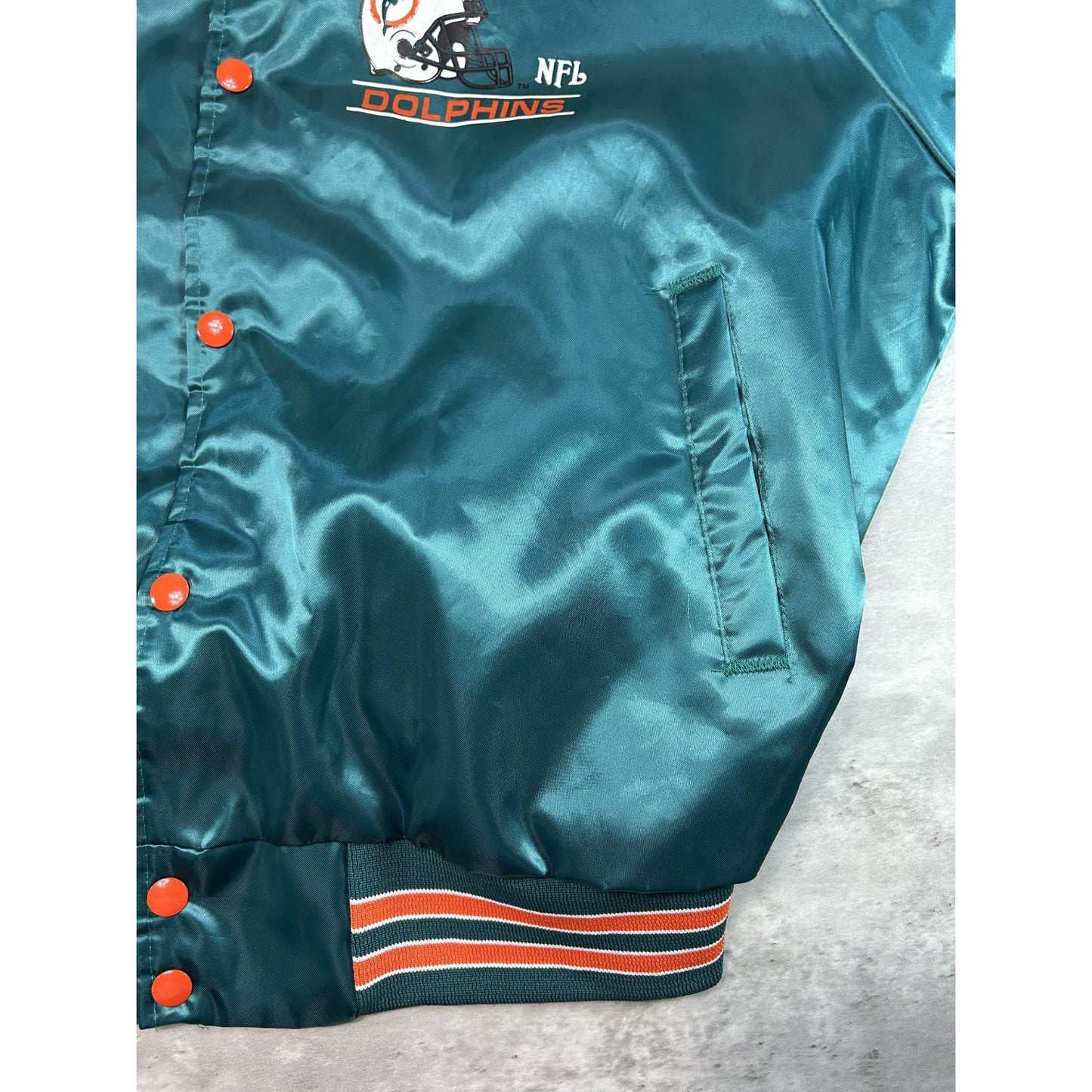 Vintage 80s Miami Dolphins NFL Satin Chalk Line Bomber Jacket Size XL