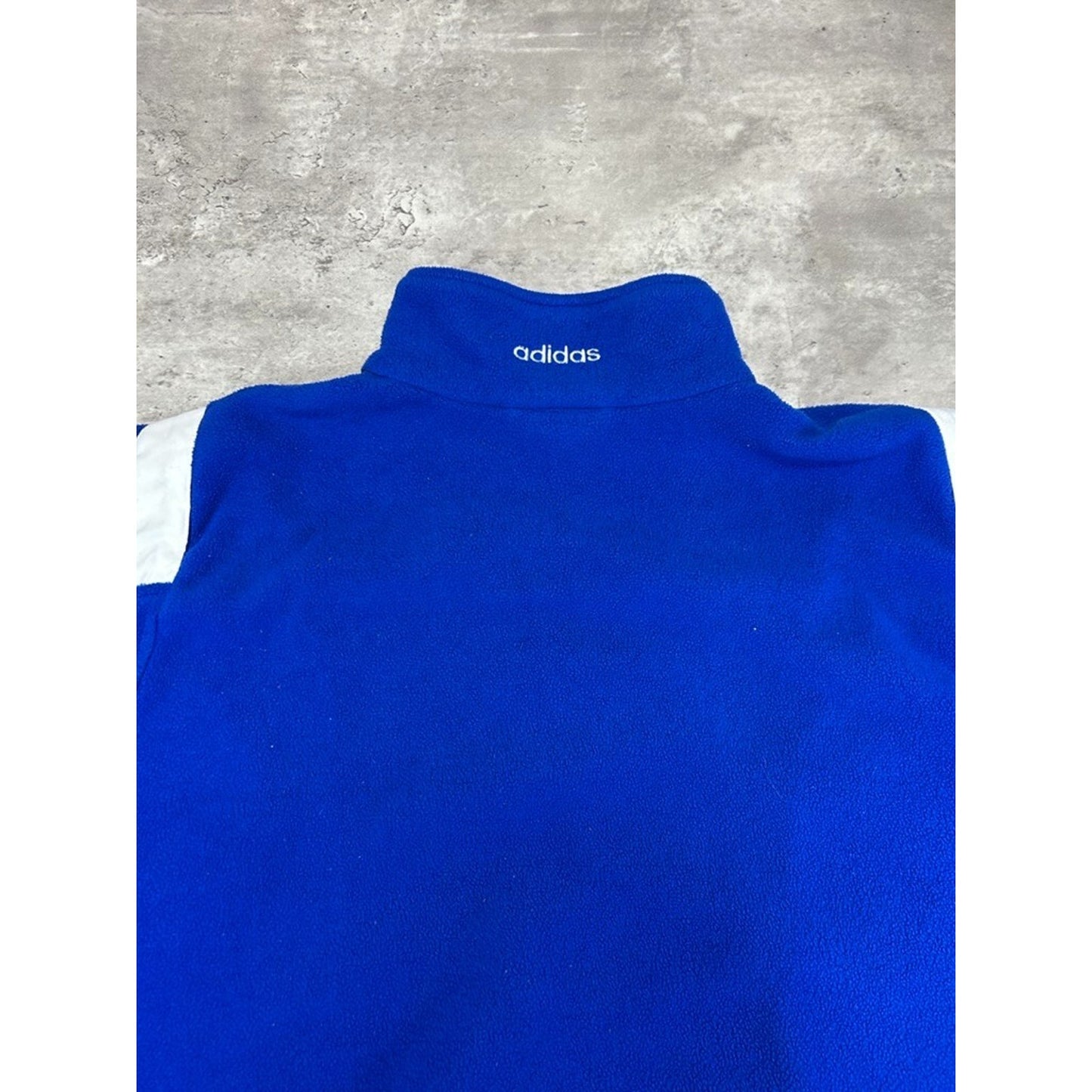 Vintage 80s Adidas Embroidered Spellout 1/4 Zip Fleece Sweatshirt Size XL Blue