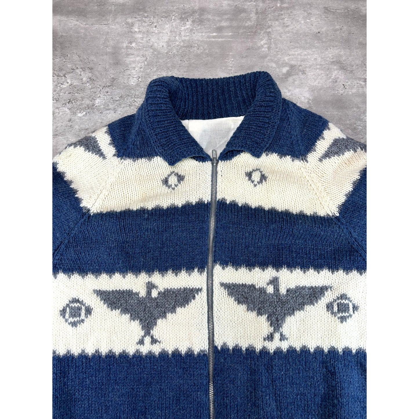 Vintage 80s Bird Print Striped Full Zip Collared Knit Sweater Size Large