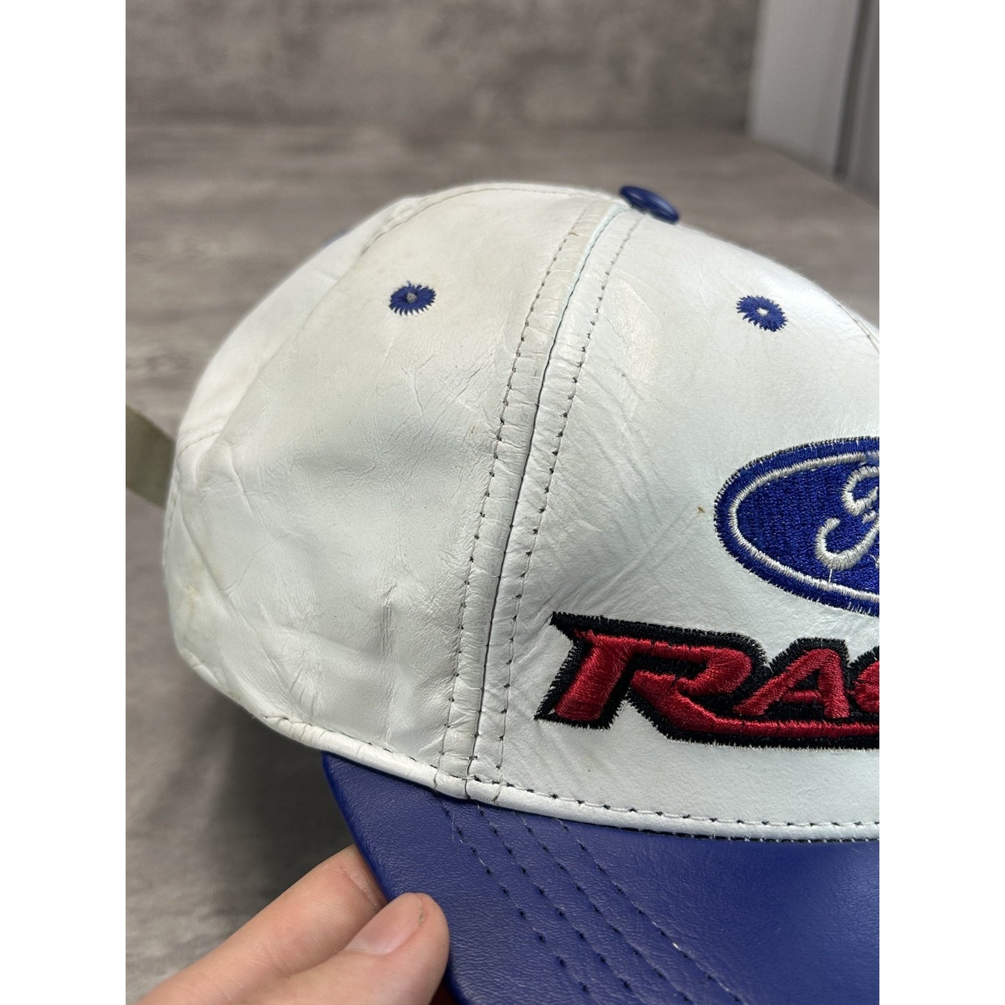 Vintage 90s Ford Racing Embroidered Spellout Leather Strapback Hat OSFA