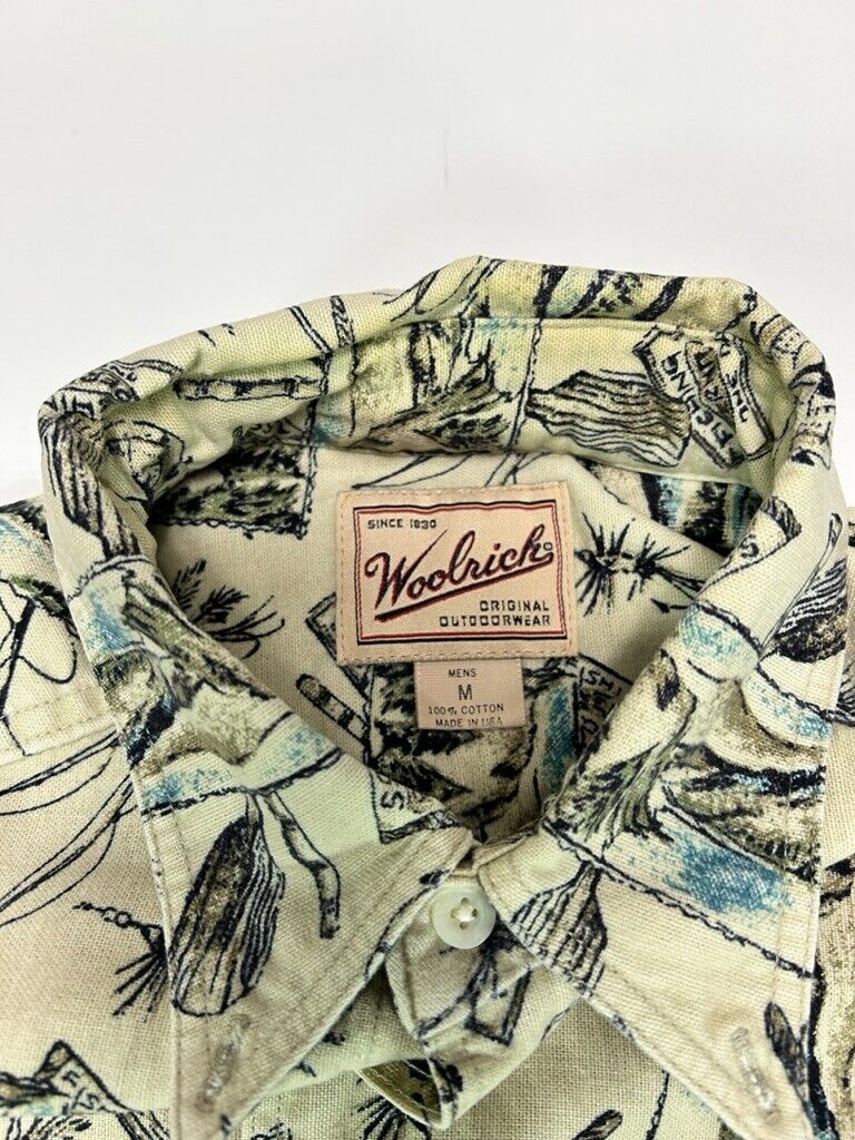 Vintage 90s Woolrich Fishing Graphic AOP Long Sleeve Button Up Shirt Size Medium