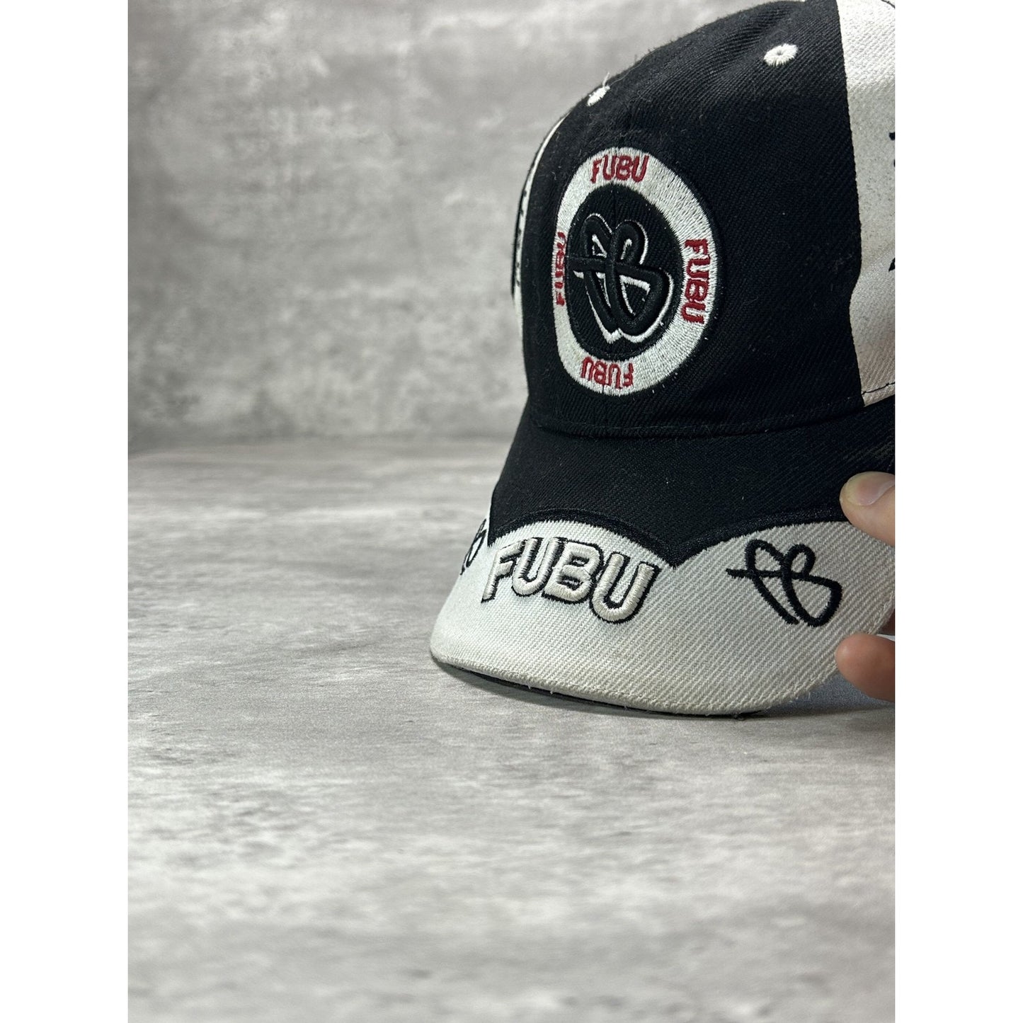 Vintage Y2K Fubu Embroidered Spellout Two Tone Strapback Hat OSFA Black/White