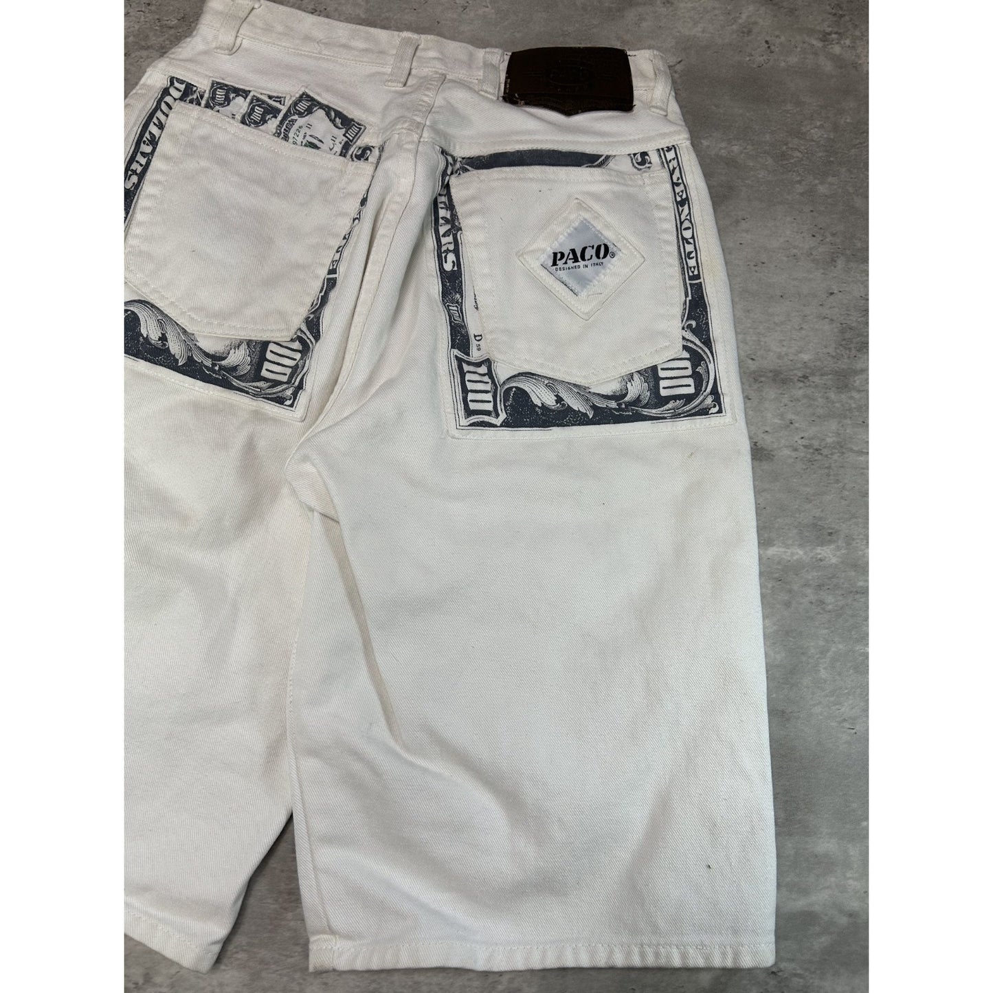 Vintage Y2K Paco Jeans Hundred Dollar Bill Patch Work White Denim Shorts Sz 28
