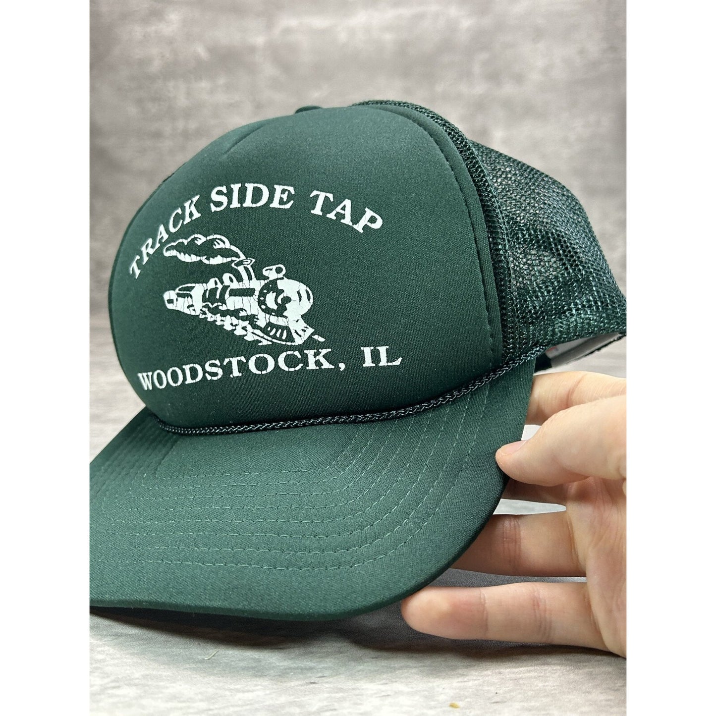 Vintage 1980s Trackside Tap Graphic Spellout Trucker Snapback Hat OSFA Green