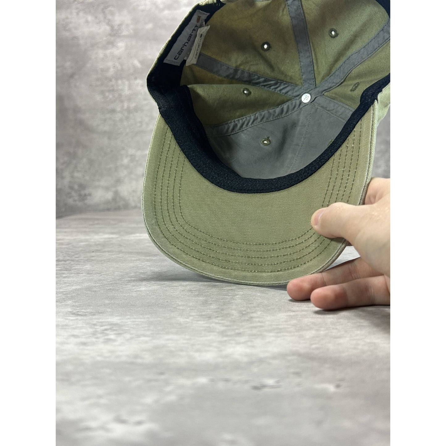 Vintage Carhartt Leather Embroidered Patch Canvas Workwear Strapback Hat OSFA