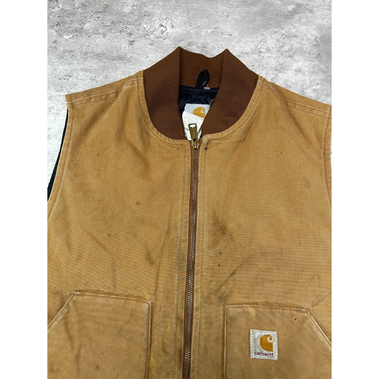 Vintage Carhartt Quilted Lined Canvas Workwear Vest Size Large Beige V01 BRN