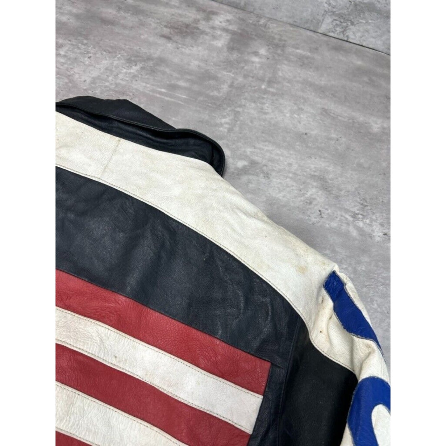 Vintage USA Embroidered Flag Spell Out Leather Bomber Jacket Size Large Black
