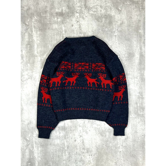 Vintage 90s Box Mondial Reindeer Pattern Print Pullover Knit Sweater Size Small