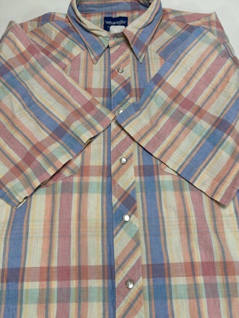 Vintage Wrangler Plaid Pearl Snap Short Sleeve Button Up Shirt Size XL