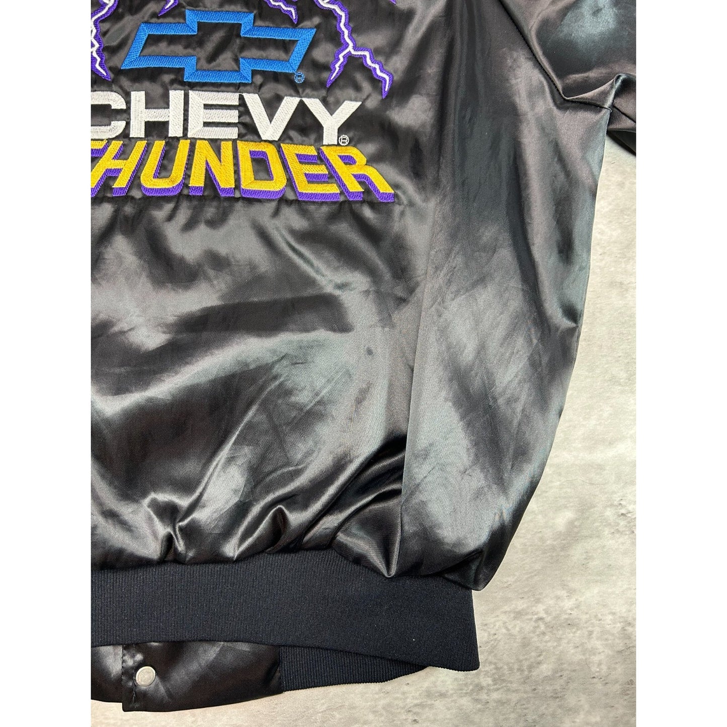 Vintage 80s Chevy Thunder Embroidered Lightning Satin Bomber Jacket Size Medium