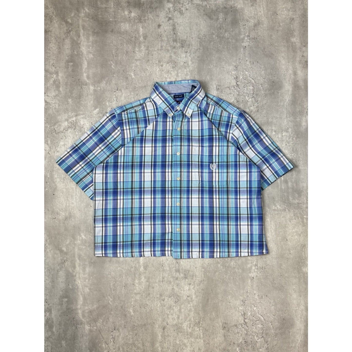 Vintage Chaps Plaid Print Short Sleeve Reworked Cropped Button Up Shirt Sz Large