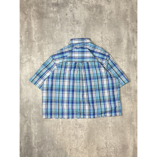 Vintage Chaps Plaid Print Short Sleeve Reworked Cropped Button Up Shirt Sz Large