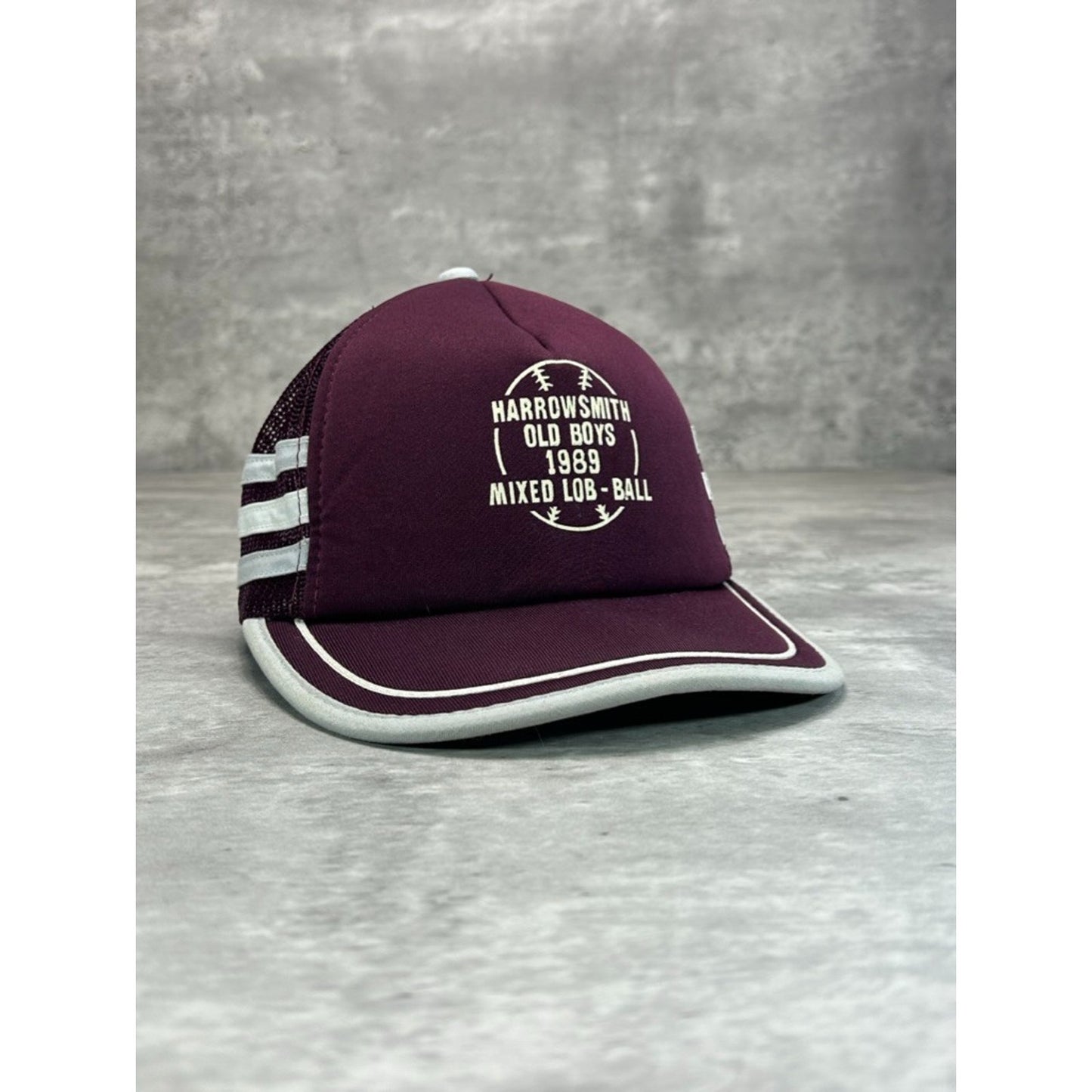 VTG 1989 Harrowsmith Old Boys Baseball Three Stripe Trucker Snapback Hat OSFA