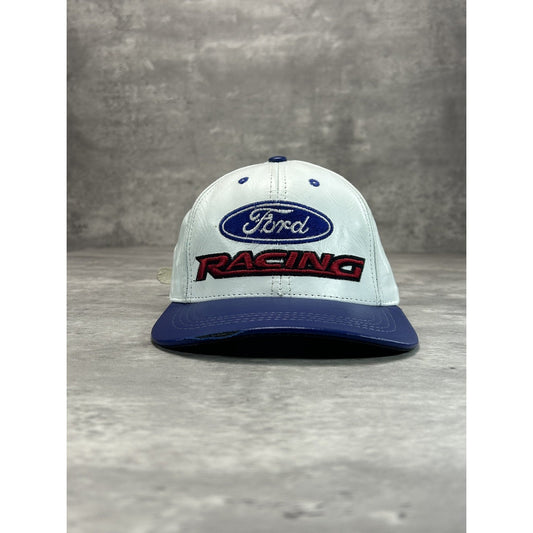 Vintage 90s Ford Racing Embroidered Spellout Leather Strapback Hat OSFA