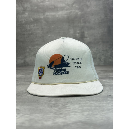 Vintage 1990 Fishing Spots The River Opener Graphic Trucker Snapback Hat OSFA
