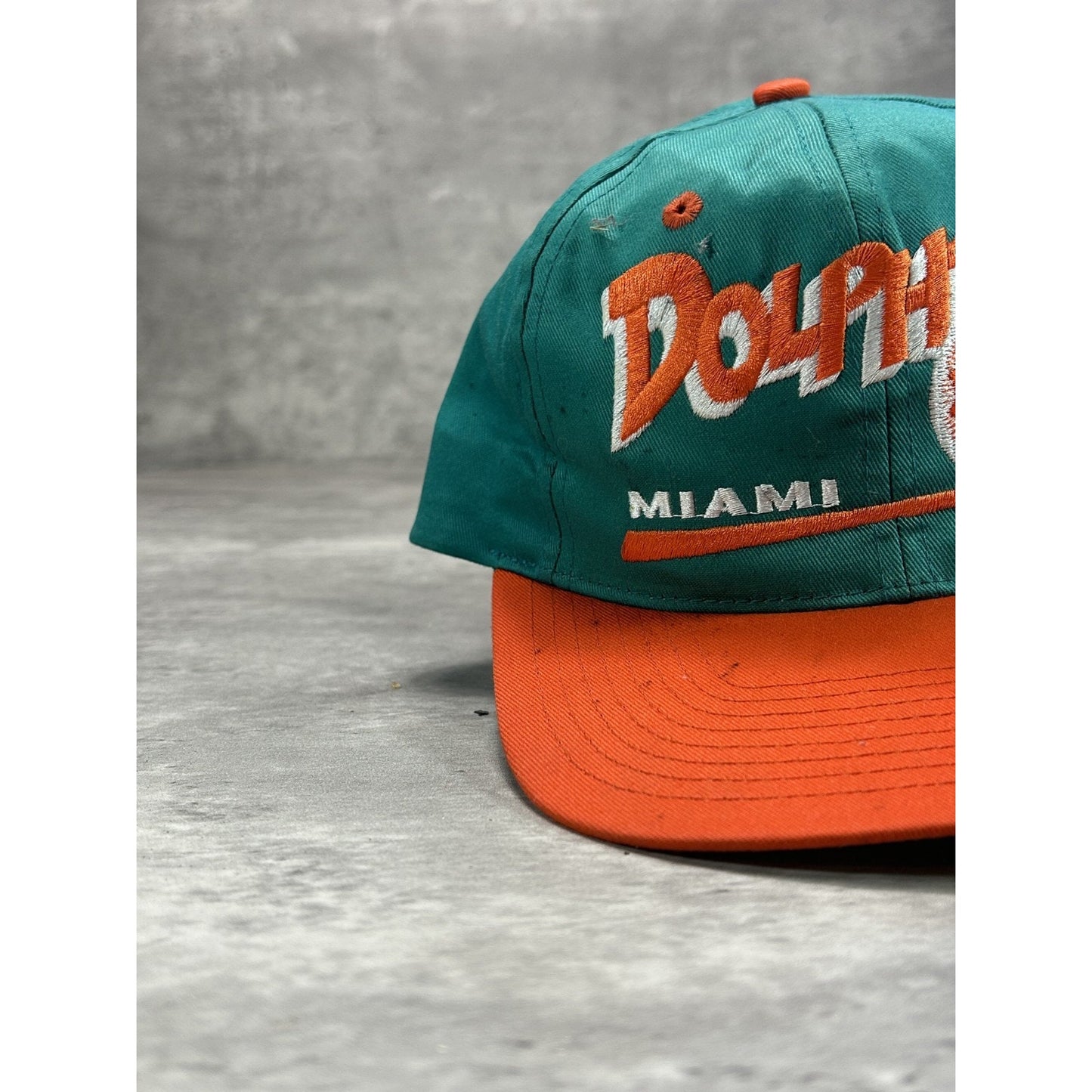 Vintage 90s Miami Dolphins NFL Embroidered Spellout Logo Snapback Hat OSFA