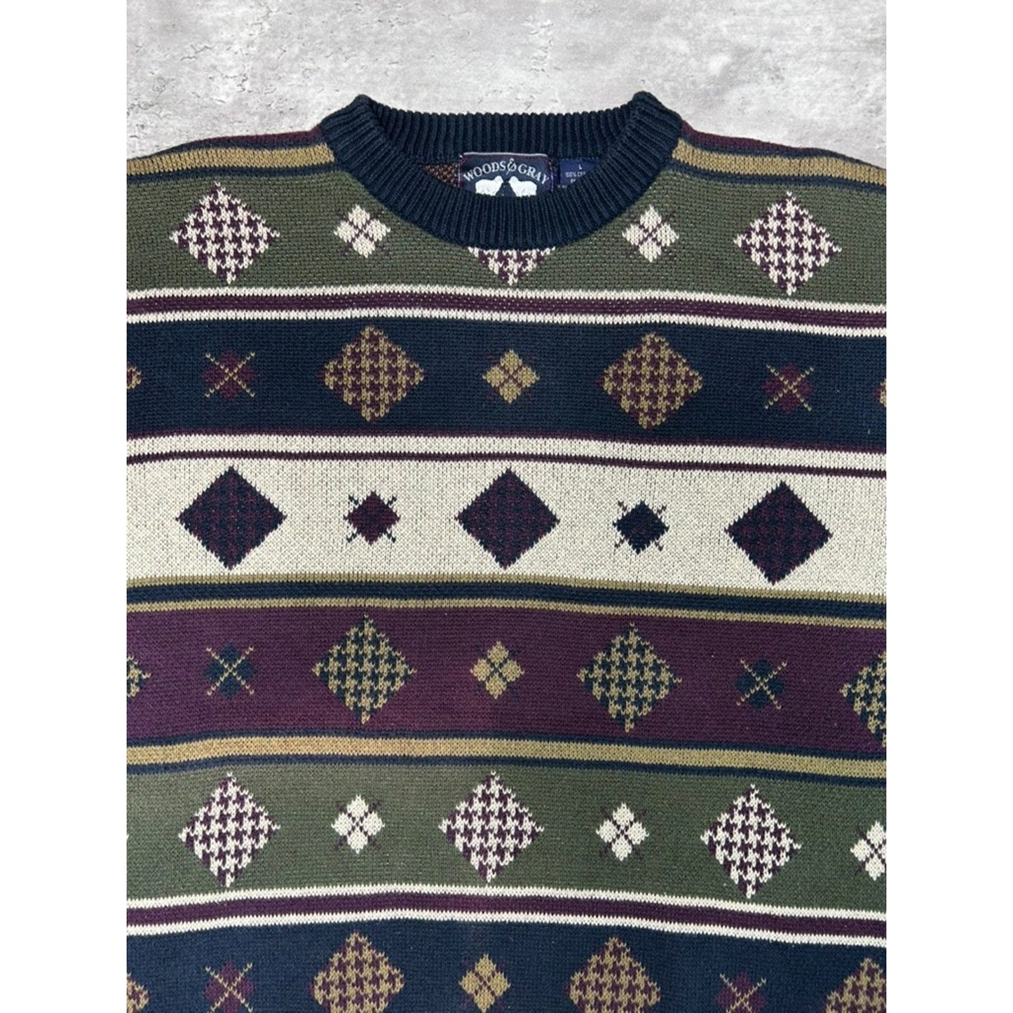Vintage 90s Woods & Gray Diamond Striped Print Pullover Knit Sweater Size Large