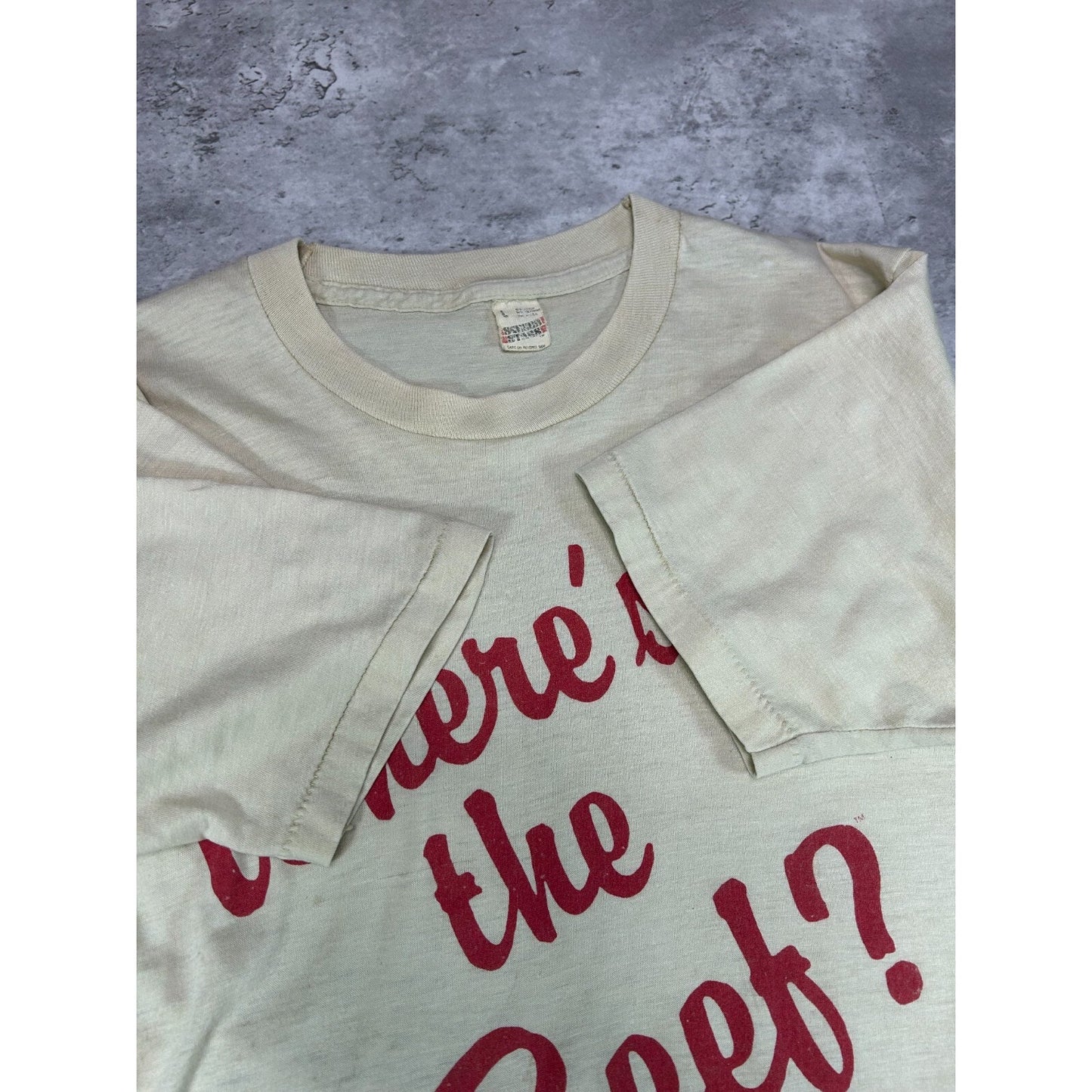 Vintage 1970s/80s Wheres The Beef? Comedy Slogan Graphic T-Shirt Size Large