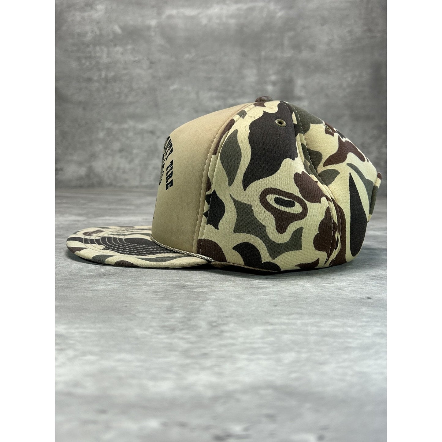 Vintage 80s Marshall County Tire Duck Camo Graphic Snapback Hat OSFA Beige